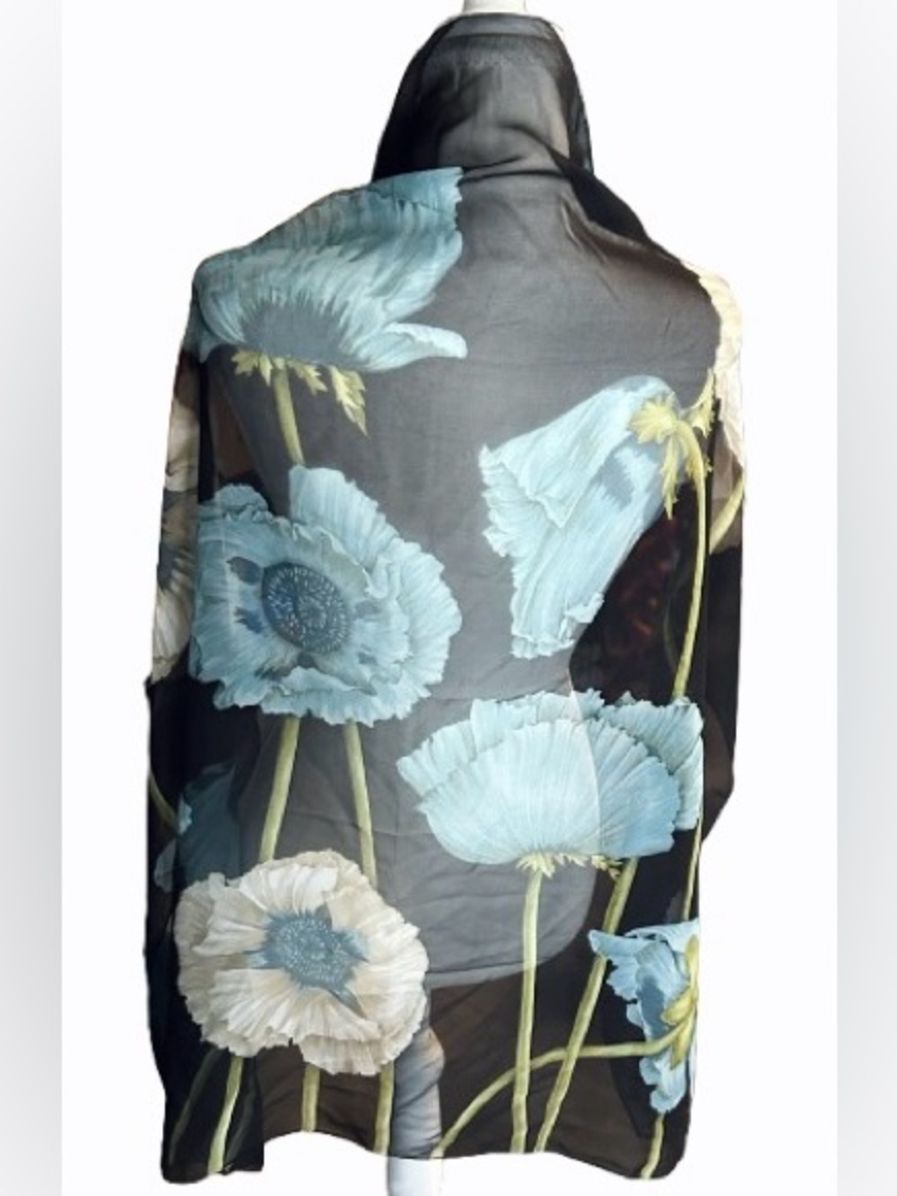 100% Silk Italy Floral Scarf Wrap Shawl Boho Cottage Black Blue Sheer Designer